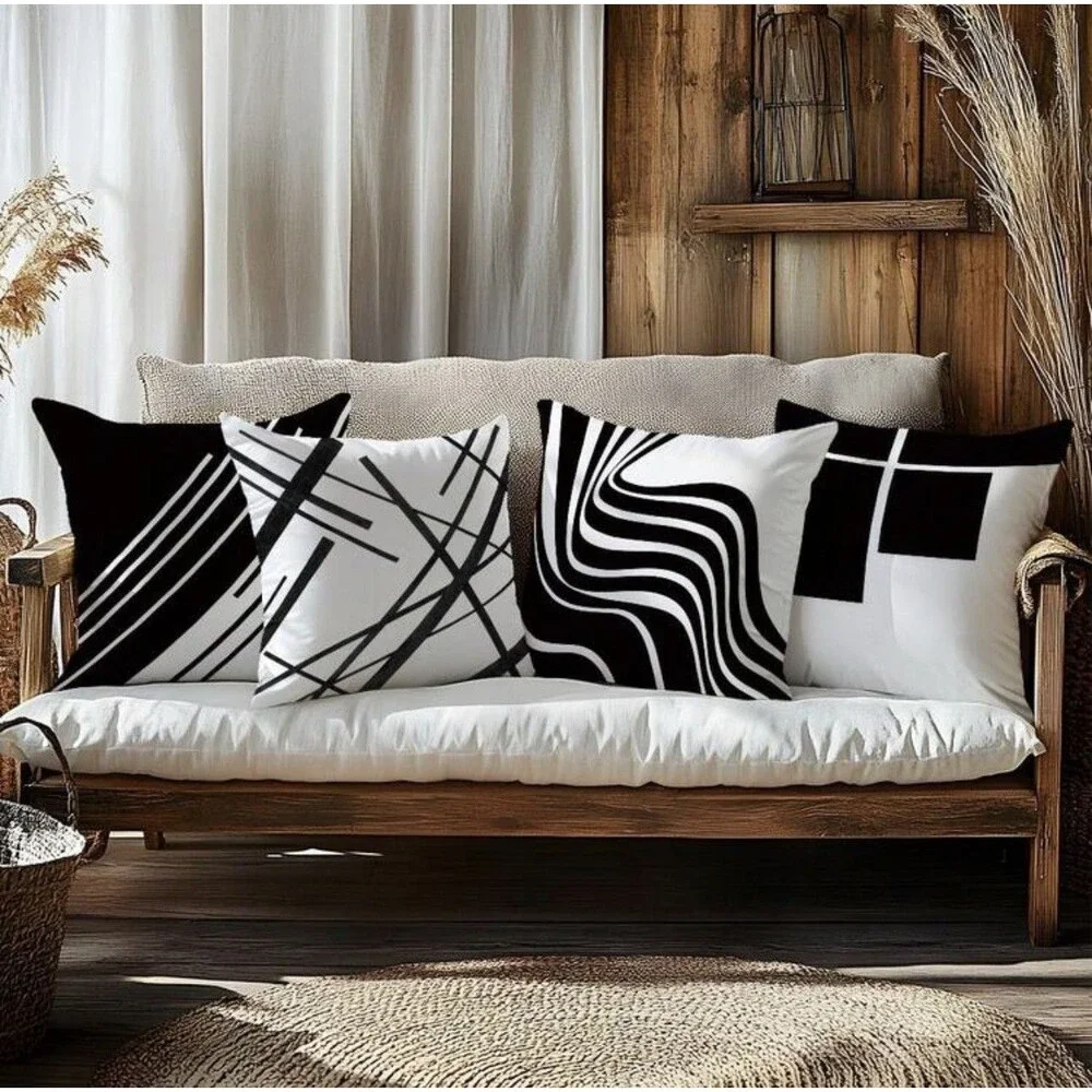 NWT MEMNUN 4 PCS Black White Abstract Geometric Striped Pillow Covers 18x18